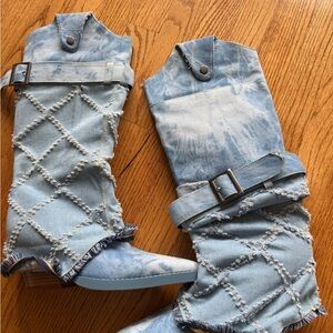 Light Blue Distressed Denim Women's Jeans Boots